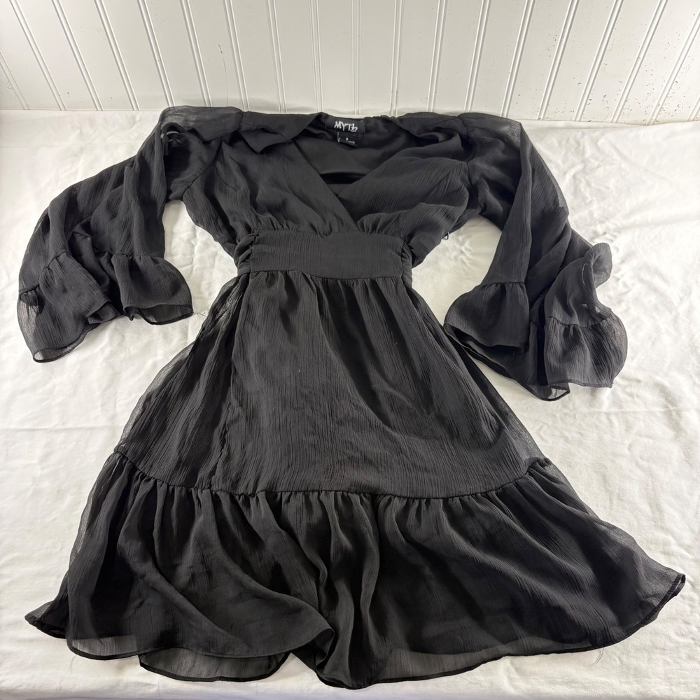 Myth NYC Black Chiffon Bell Sleeve Ruffle Mini Dress Tie‎ Back Small V-Neck LBD